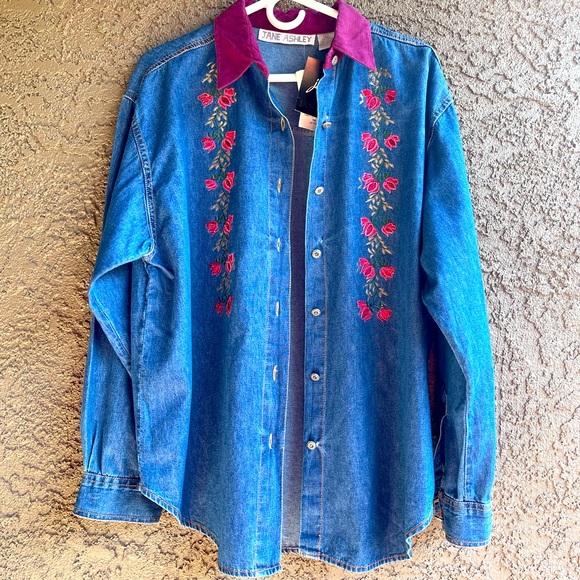 Jane Ashley Tops - New Vintage 90s Jane Ashley Embroidered Jean Blouse Button Down Blue Red Floral